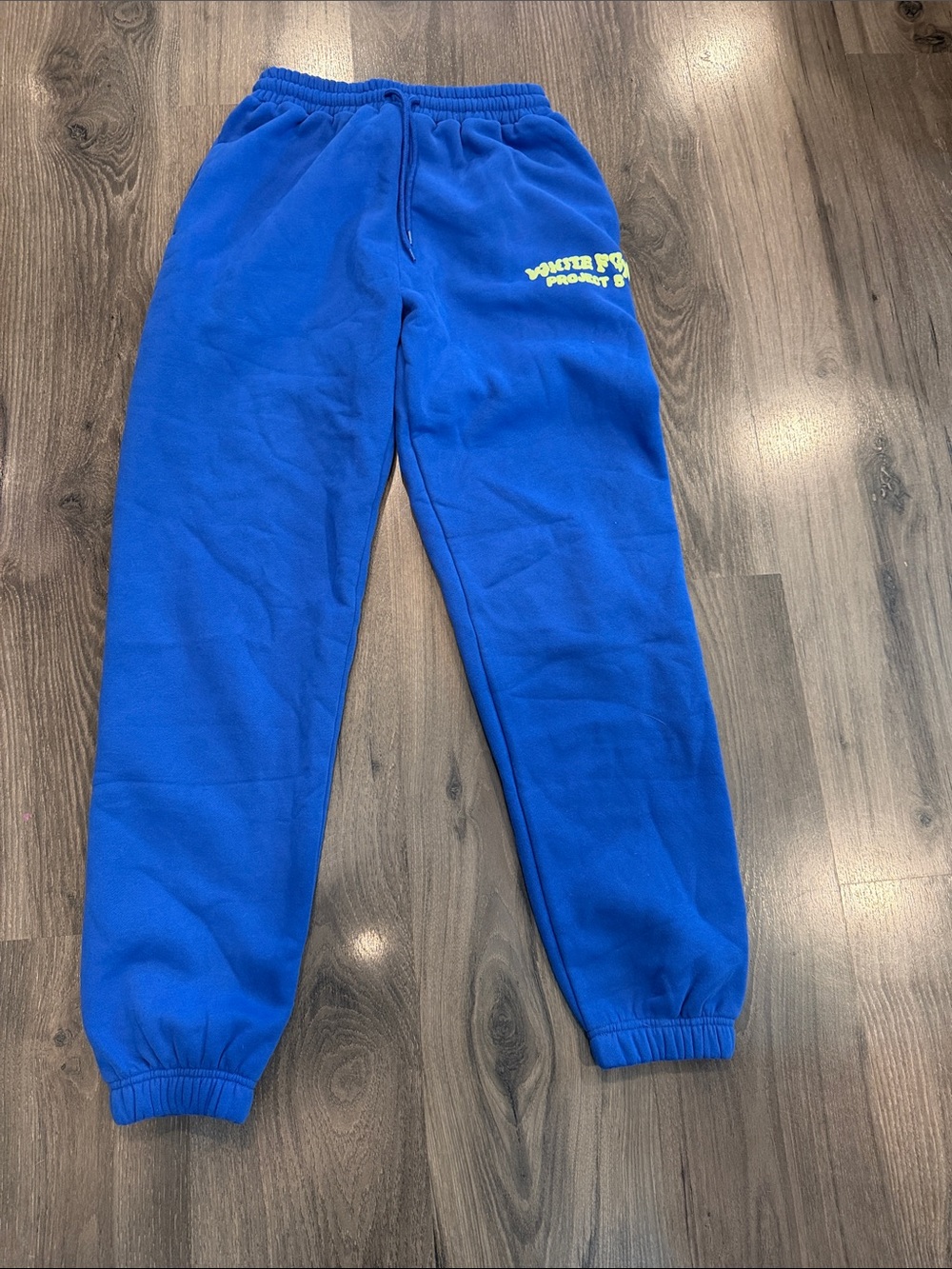 White Fox Boutique Blue Fleece Joggers with Yellow Logo Accent project 5